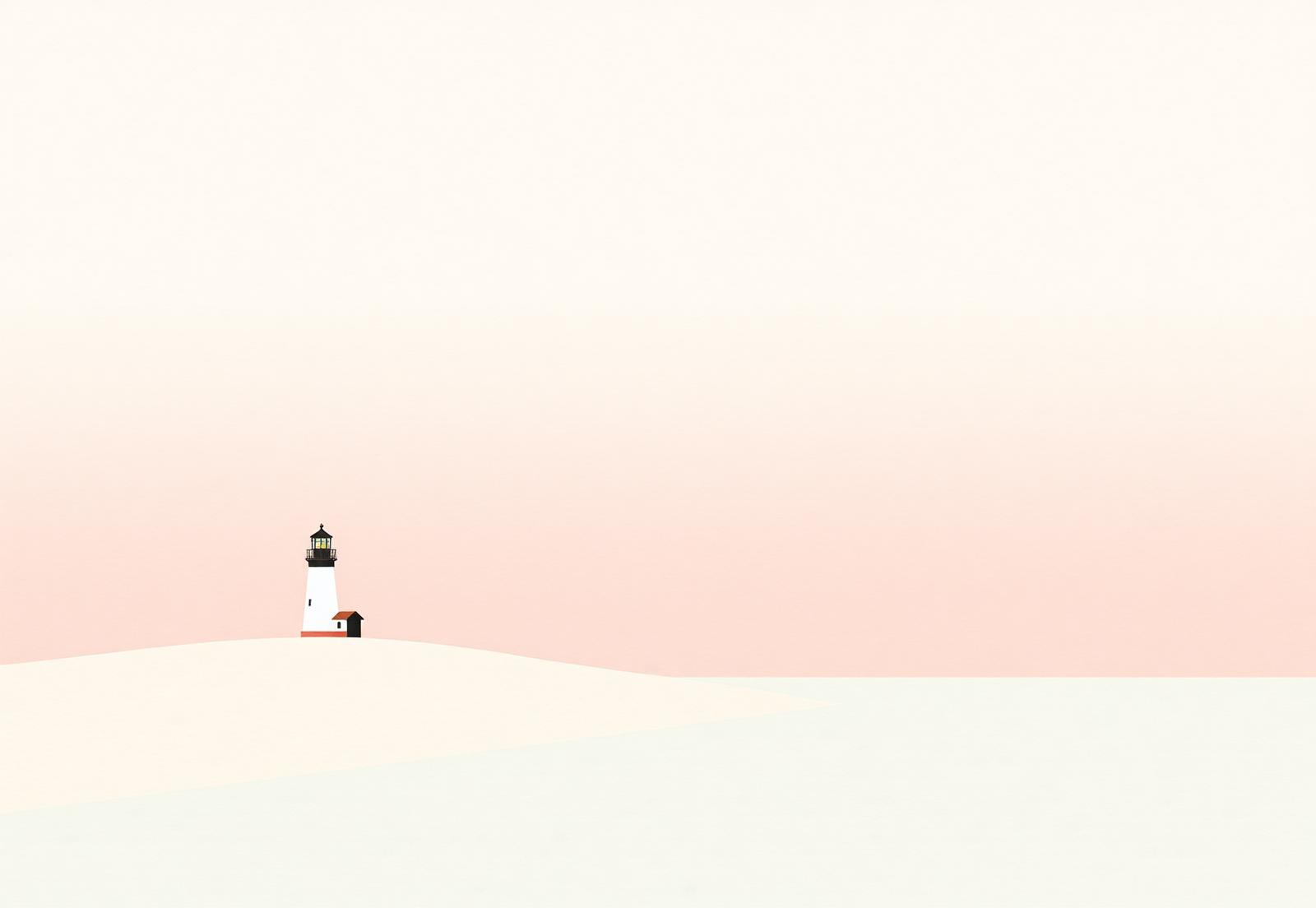 Ilustración de un faro en la costa al amanecer, en tonos cálidos